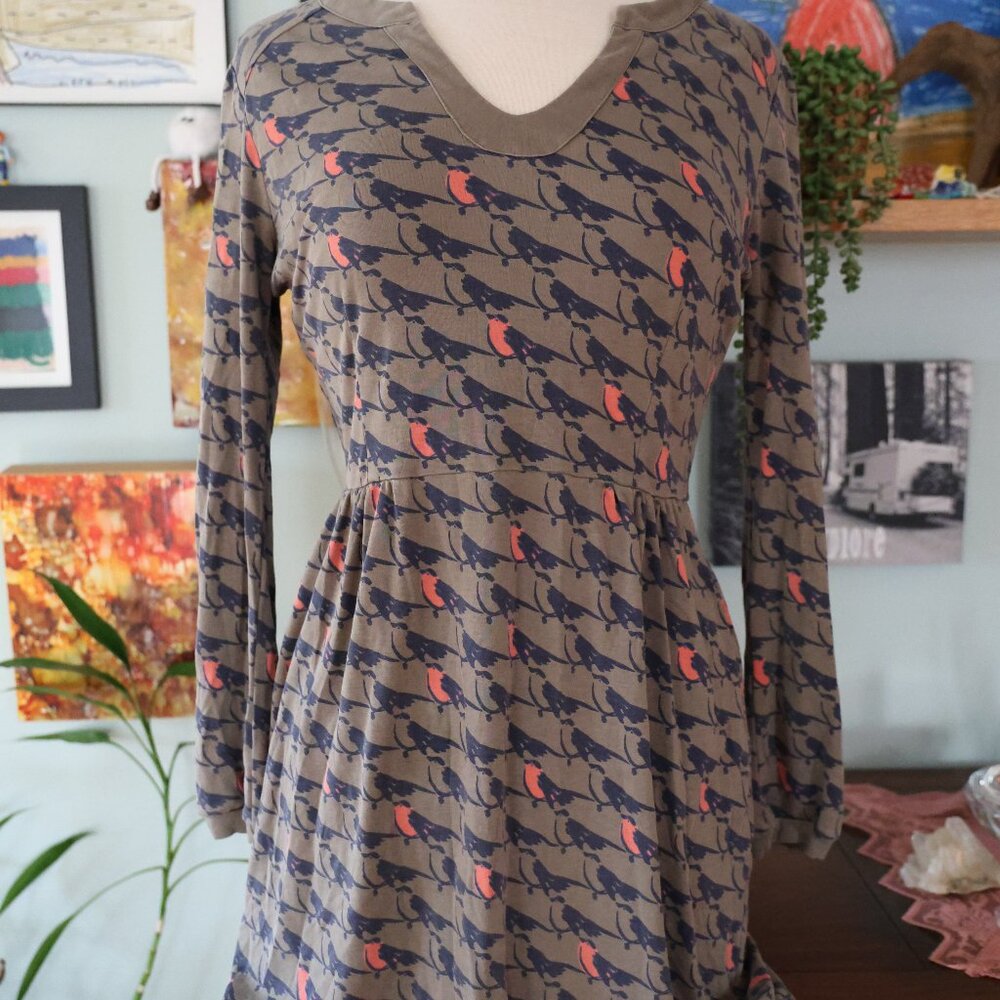 Boden Long Sleeve Jersey Dress Olive Navy Swallow Bird Print US 8 UK 12 Reg